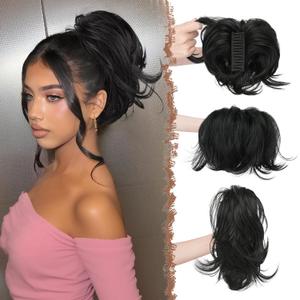 FESHFEN Claw Clip Short Ponytail Extensions - DIY Bendable Metals Fluffy Messy Bun Hair Piece Straight Synthetic Hairpieces Ponytail Extension for Women, Off Black
