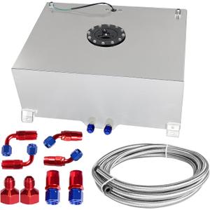 Universal 20 Gallon 80L Fuel Cell Polished Aluminum Fuel Tank with Cap/Level Sender/12FT Oil Feed Line Silver
