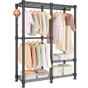 Heavy Duty Clothes Rack, 3 Tiers Sturdy Metal Clothing Rack with Hanger Rods & Shelves, Portable Closet Rack for Bedroom 45" W × 16" D × 76" H, Garment Rack Holds 450lb, Easy Assembly&Storage