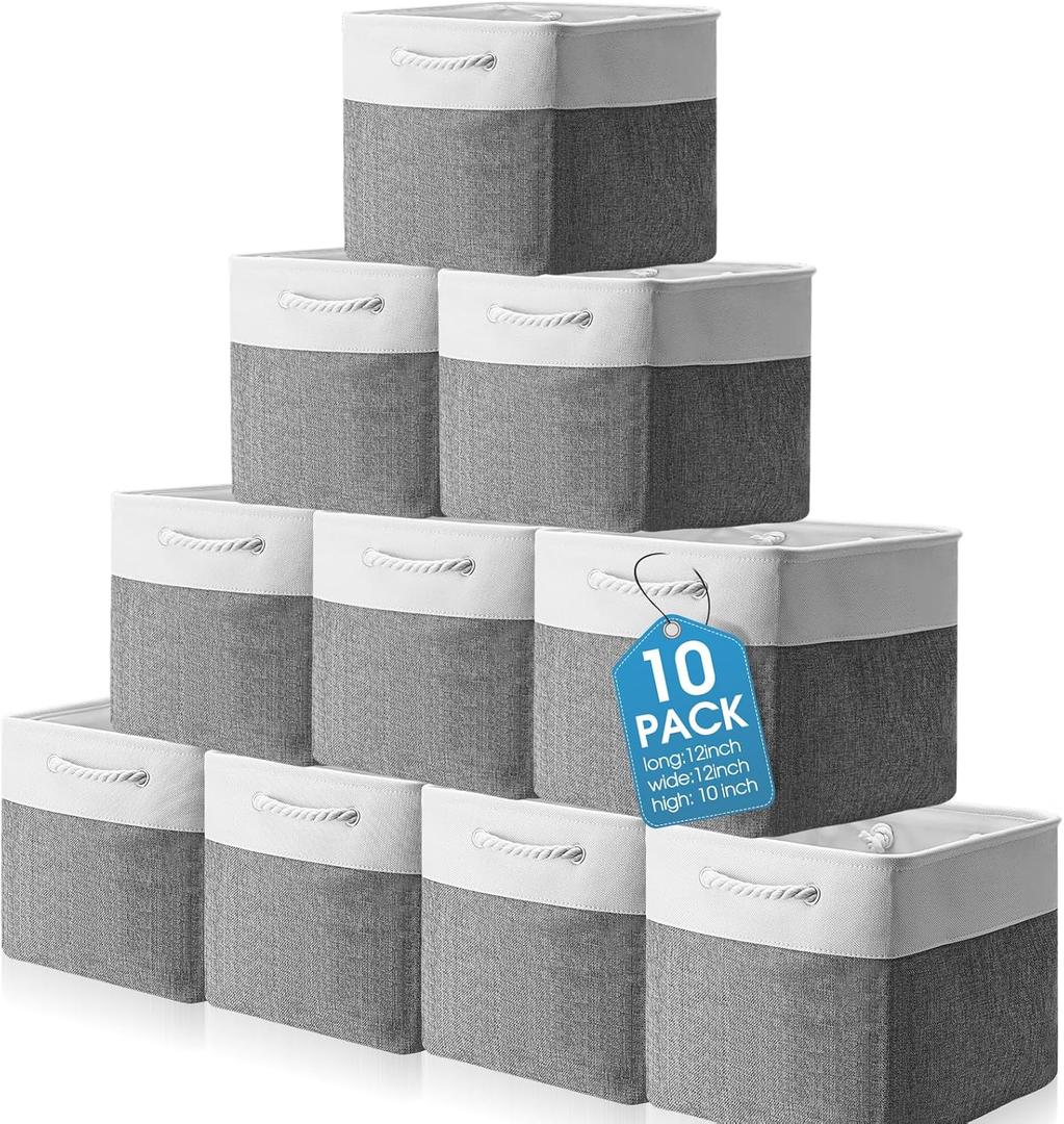 FoldTier 10 Pack Large Collapsible Fabric Storage Baskets with Handles Decorative Storage Bins for Organizing Shelves Toys Clothes(White & Gray,12 x 12 x 12 Inches)