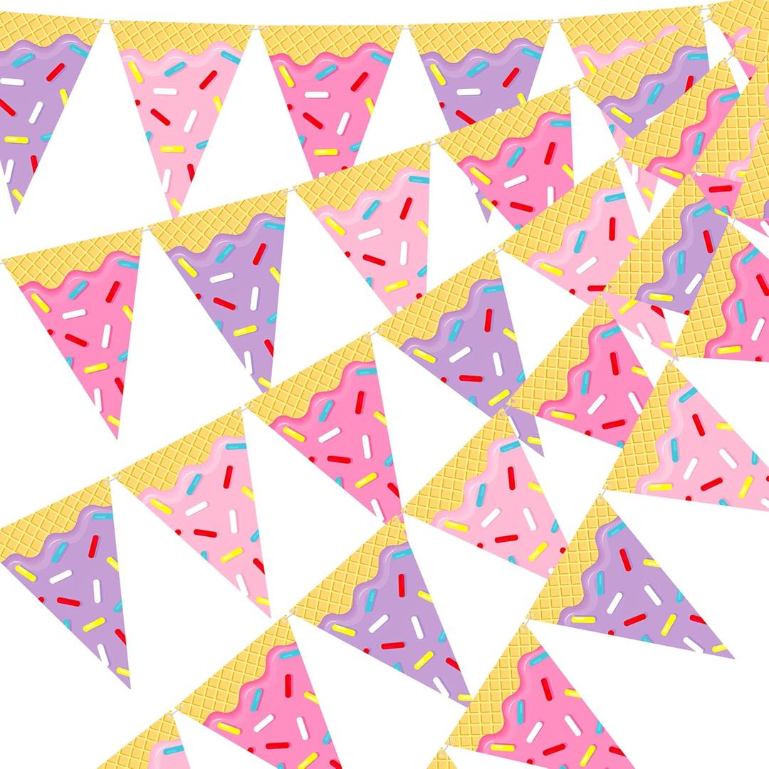 Dessert Themed Triangle Banner 5pcs Pink & Purple Sprinkle Donut Ice Cream Garland for Sweet Birthday Supplies & Girls Baby Shower Party Decor