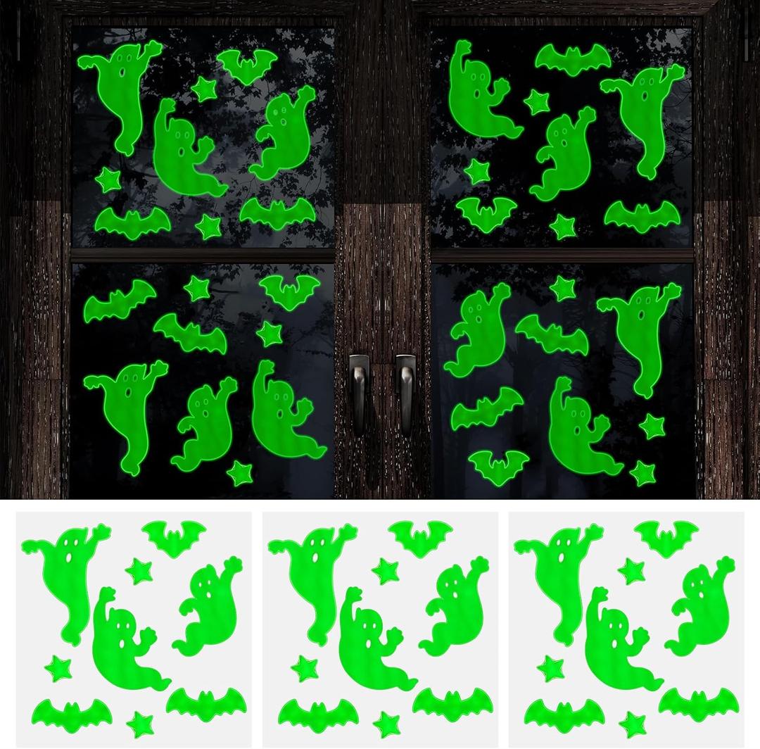 45 Pcs Halloween Glow in The Dark Gel Window Clings Green Luminous Ghosts Bats Stars Reusable Decals Glow Wall Stickers for Halloween Party Home Wall Window Mirror Decoration