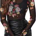 OFEEFAN Womens Long Sleeve Mesh Top See Through Mock Neck Sheer Blouses (Medium, Multi-flower)