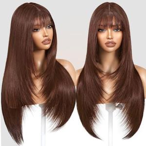 ZRLK Brown Wig with Bangs Long Brown Wig for Women Synthetic Heat-Resistant Hair Layered Style Hair for Daily and Party Use, 26 Inch Brown