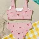 Girl's Cherry Print Bikini Set Scoop Neck Crop Tank Two Piece Summer Swimwear Cute Bathing Suit Beach Outfit (Pink, XS)
