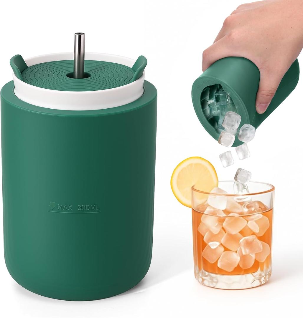 3 in 1 Ice Cube Bottle with Straw, Cylinder Silicone Water Bottle Ice Cube Maker for Freezer with Lid - Easy Release Ice Cube Tray Molds, Leakproof No Spill Design - Reusable (Green)