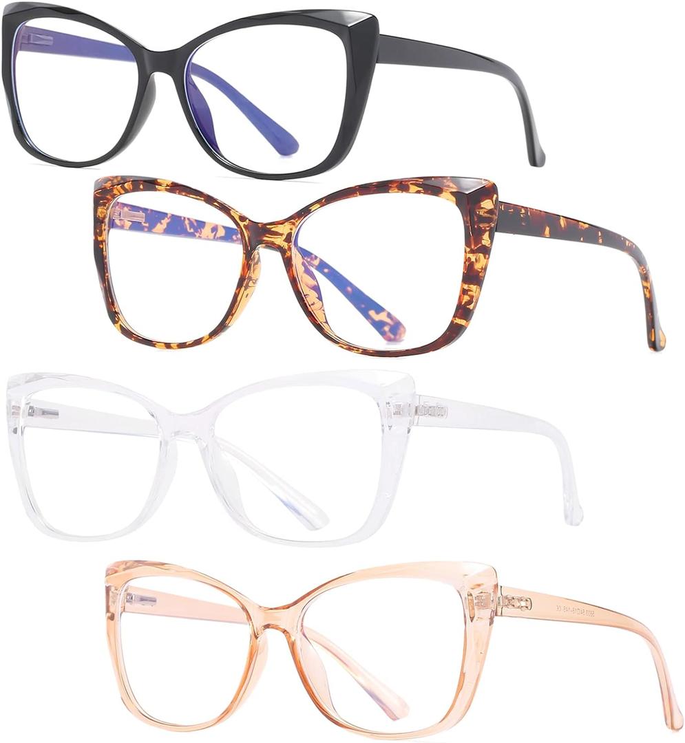 4 Pack Cat-Eye Oversized Reading Glasses for Women Men, Lightweight Large Readers Trendy Eyeglasses +2.00 (4 Pack (Black+tortoise+transparent+champagne))