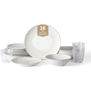 Stone Lain Linea 16-Piece Dinnerware Set Stoneware, Soda Lime Glass, White