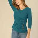 Allegra K Women's V Neck Tops 3/4 Sleeves Solid Knitted Buttons Decor Ruched Blouse (Teal, S)