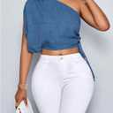 SOLY HUX Women's One Shoulder Blouse Short Sleeve Drawstring Side Casual Summer Crop Tops (Blue, L)