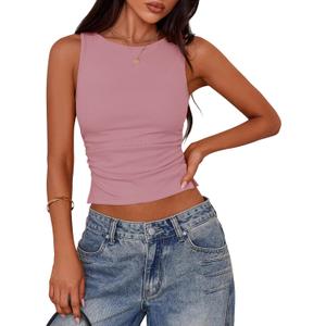 PRETTYGARDEN Women Going Out Tops Summer Clothes 2025 Trendy Split Hem Ruched Sleeveless Shirt Cute Y2K Tank Top (X-Large, Grey Pink)