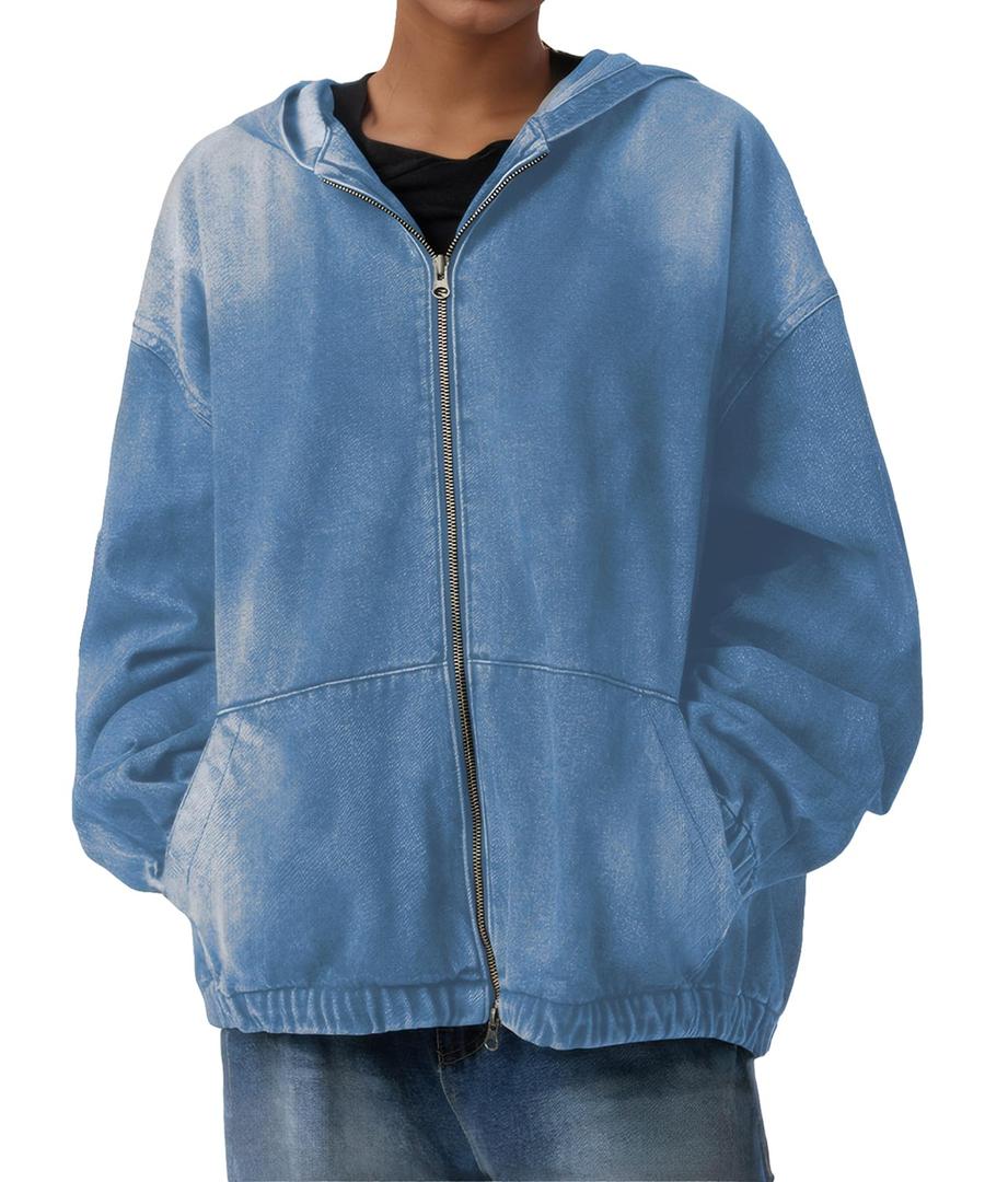 Aomice Women's Zip Up Denim Hoodie Sweatshirt Jean Jacket Coats with Pockets Blue S