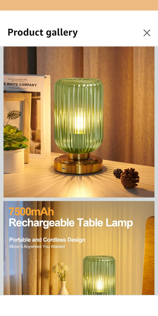 Cordless Table Lamp for Bedroom, 7500mAh Rechargeable Battery Operated Lamp, Modern Touch Dimmable Wireless Lamp Gold Base Green Glass Shade for Living Room, Desk, Led Bulb Included
