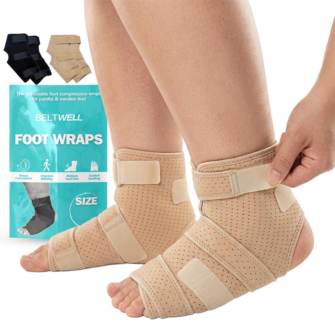 Beltwell - Adjustable Foot & Ankle Compression Wraps For Edema, Lymphedema, Swelling, Neuropathy, Diabetic Foot Care, Circulation (2 Wraps) (Beige, Large)
