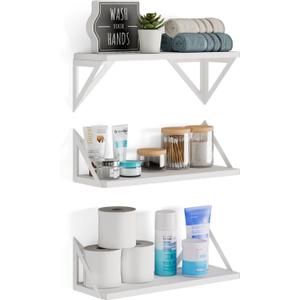 Wallniture Minori Washed White Floating Shelves for Wall Storage, Bathroom Shelves Over The Toilet Storage, Wood Wall Shelf Set of 3 with White Brackets