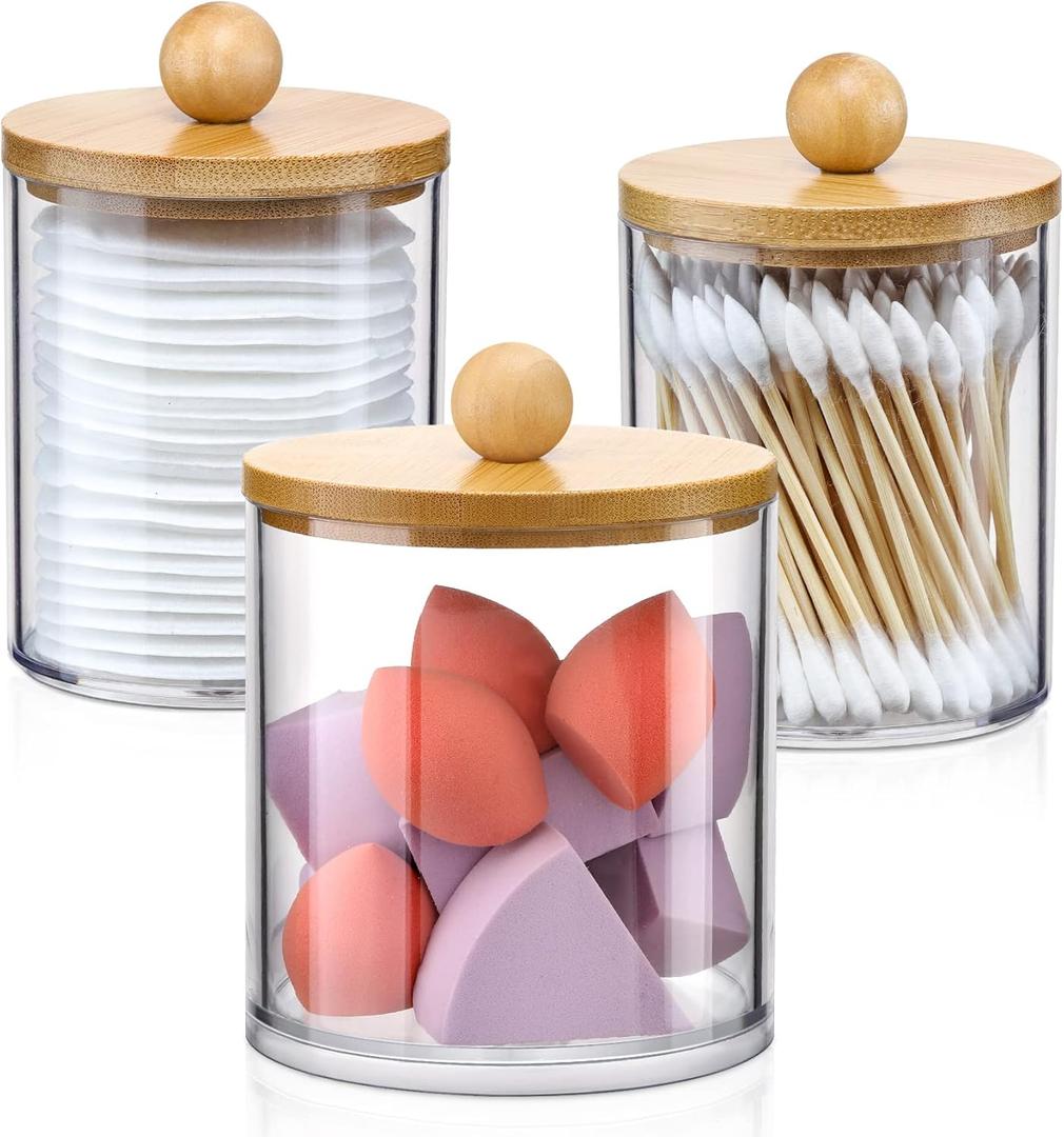3 Pack Qtip Holder Dispenser with Bamboo Lids - Apothecary Jar Containers for Vanity Organizer Storage - Bathroom Accessories Set for Cotton Swab, Ball, pads, floss