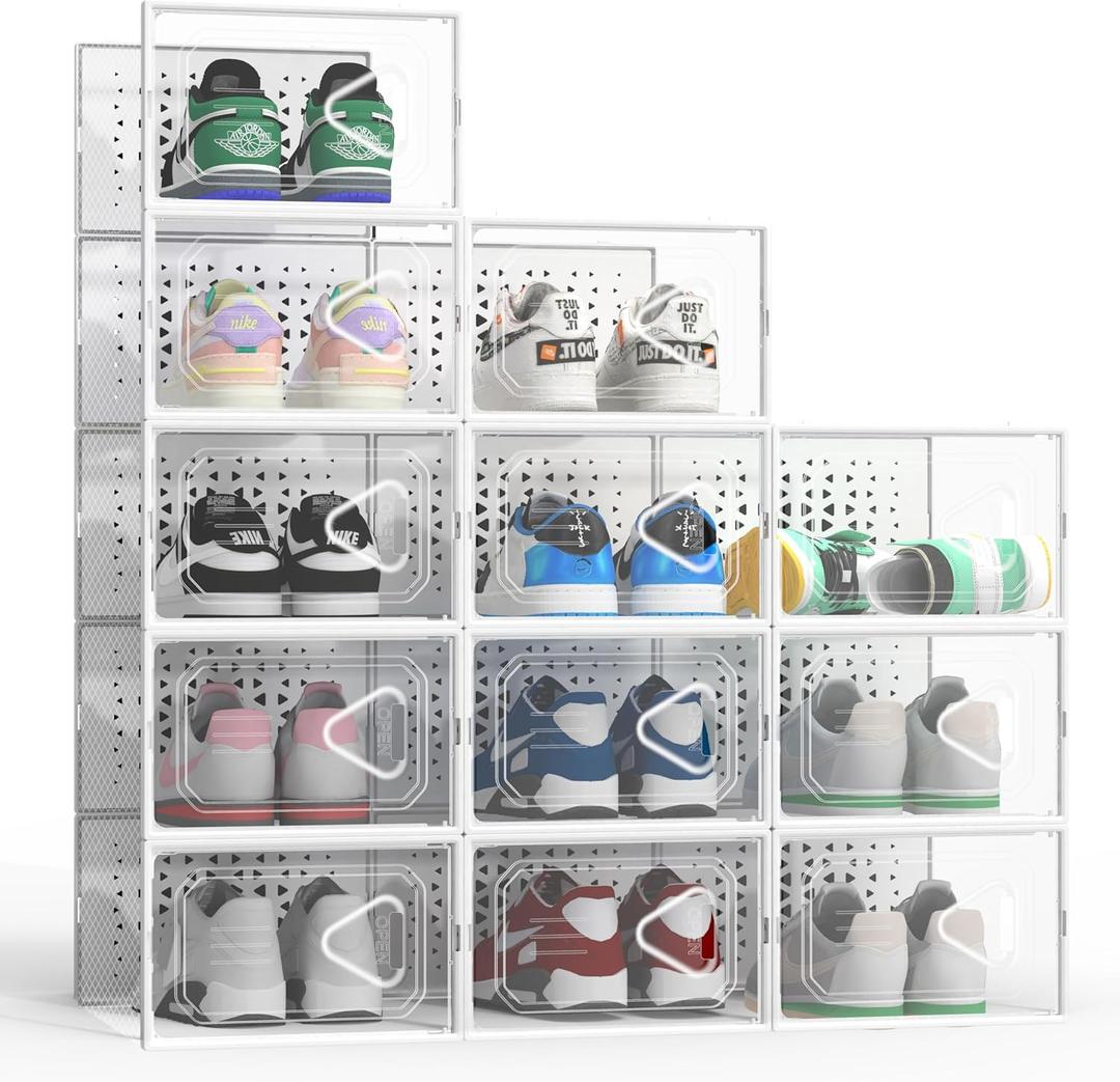 Hrrsaki X-Large 12 Pack Shoe Storage Organizer Boxes, Shoe Boxes Clear Plastic Stackable, Shoe Organizer for Closet, Plastic Shoe Boxes with Lids, Shoe Containers for Entryway, Bedroom, White
