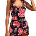 Tempt Me Women One Piece Swim Dress 2025 Tummy Control Swimsuit with Skirt Wrap Tie Side Swimdress Bathing Suit (Large, Red Floral)