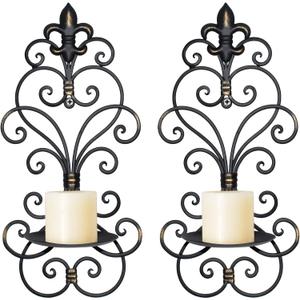 Wall Sconces Candle Holder Set of 2, Metal Wall Decorations Hanging Wall Mounted Candle Sconces for Living Room Dining Room, Black with Gold (Black with Gold) (Antique Black-1)