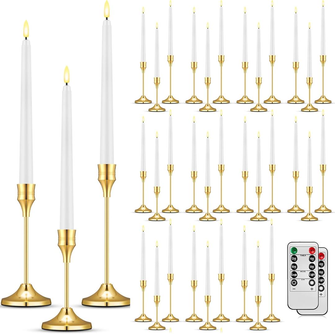 30 Set(60 Pcs) Gold Candle Holders with LED Flameless Taper Candles Bulk Include Metal Taper Candlestick Holder Battery Operated Flickering Candle with 2 Timer for Christmas Wedding Gift