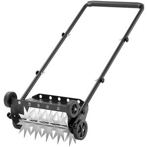 18-Inch Lawn Aerator,Heavy Duty Push Spike Aerator with 4 Wheels,Aerator Lawn Tool with Steel Handle, Manual Aerator Lawn Tool with Foam Armrests, Suitable for Lawn, Garden and Yard
