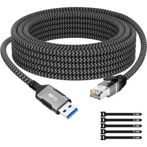 USB to Ethernet Cable 10 FT, USB 3.0 A Male to RJ45 Male Cord, Directly Connected, Aluminum Portable Gigabit LAN Network Cable for Laptop, PC, Switch, More, Braided with 5 Pcs Ties