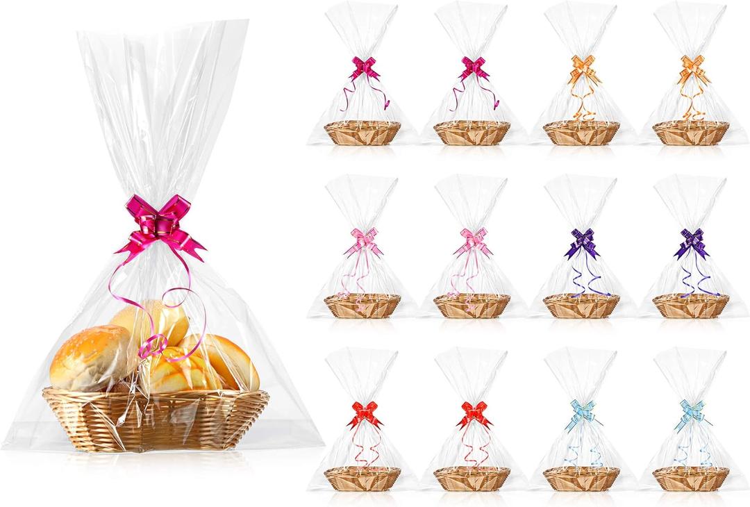 Jetec 12 Pcs Baskets for Gifts Empty, 9 x 6 x 2.24 Inches Woven Basket with 60 Colorful Pull Bows and 30 Clear Bags, Gift Fruit Storage for Thanksgiving, Christmas and Any Occasion(Beige)