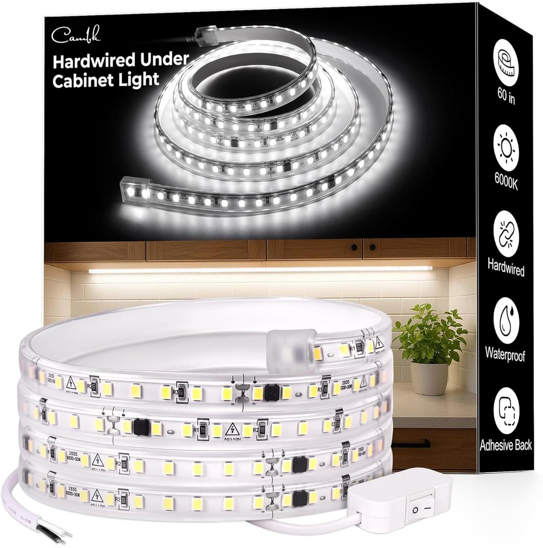 60inch Hardwired Under Cabinet Lighting for Kitchen, 6000K White Wired Undercounter Waterproof Led Strip Lights, Luces para Cocina Bajo Gabinete Under Shelf Lights