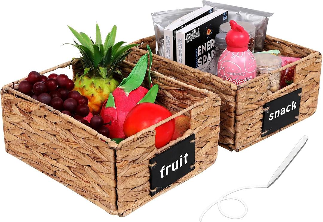 Set of 2 Water Hyacinth Storage Baskets 11x9x4.9inch Collapsible Wicker basket with Chalkboard Labels and Chalk Marker Rectangular Woven Storage Bin Organizers for Kitchen Shelves