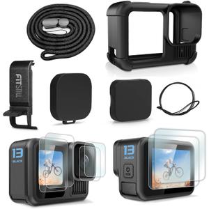 FiTSTILL Black Silicone Sleeve Rubber Protective Case for GoPro Hero 13 Black, Accessories Kit Includes Screen Protectors, Lens Caps, Lanyard & Battery Side Cover