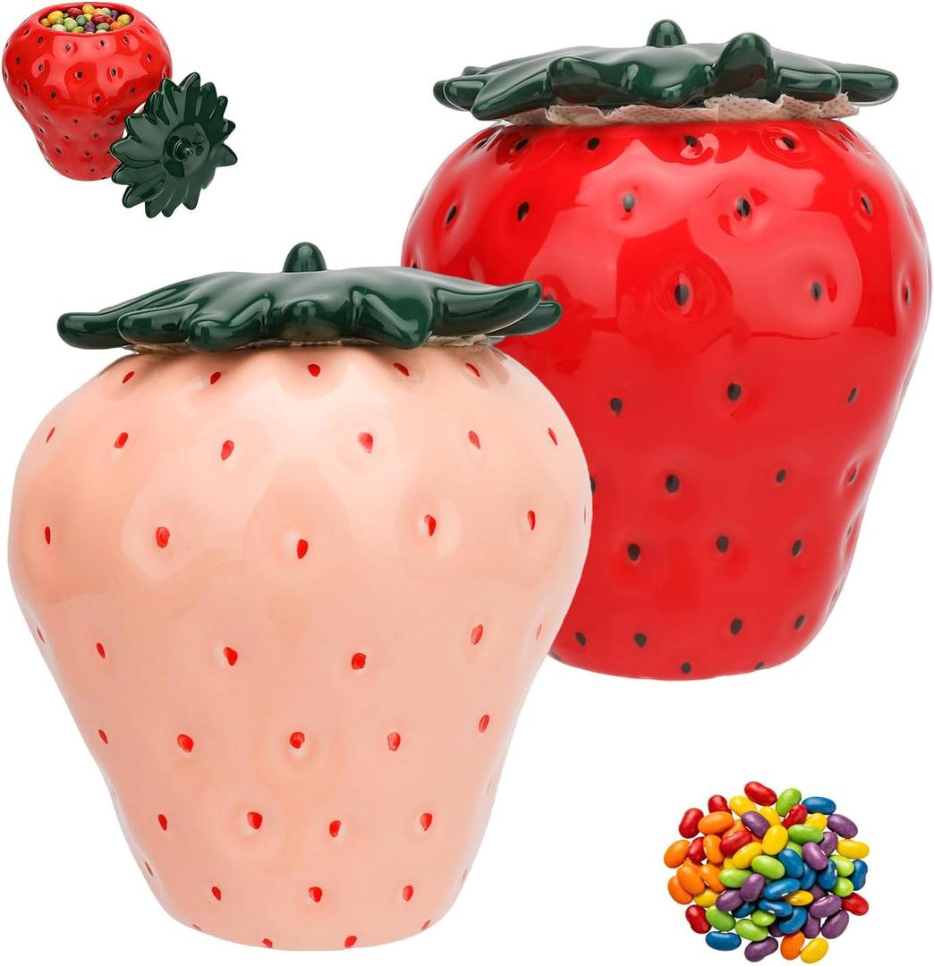 AKAZA 2 Pack Strawberry Decor Storage Jars, 12 Oz Ceramic Cookie Containers With Airtight Lids - Cute Sugar Canisters Set For Candy, Coffee Beans, Flour, Tea, Spices, Kitchen Counter Decor