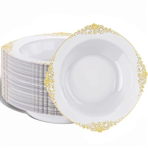 Nervure 50 Pack White Plastic Bowls with Gold Rim - 12oz Disposable Soup Bowls - Heavy Duty Dessert Bowl, Salad Bowl Perfect for Weddings, Parties, Thanksgiving and Everyday Use