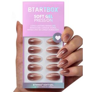 BTArtbox Press On Nails Almond - Molten Chrome, Ombre Brown Short Press On Nails with Glue and Adhesive Tabs for Women, Soft Gel Glue On Nails in 16 Sizes - 32 Stick On Nails Kit