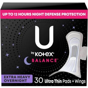 U by Kotex Balance Pads with Wings, Ultra Thin, Overnight, Extra Heavy Absorbency, 30 Count 