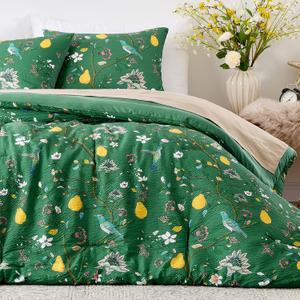 MUSSEL Queen Size Comforter Set 3 Pieces,Green Vintage Botanical Floral Pattern Bedding Comforter Sets,Boho Whimsical Modern Printed Design Cute Seersucker Bedroom Comforter and Shams