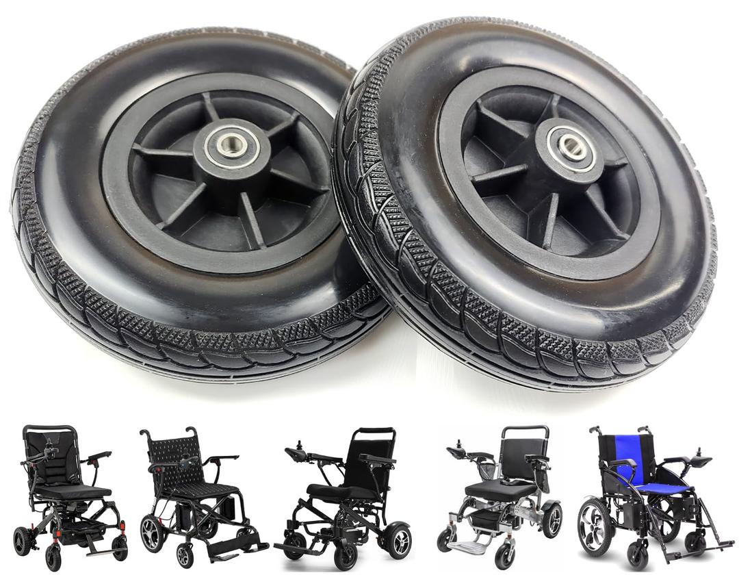 7 inch Wheelchair Wheels,7" Polyurethane Replacement Wheel Caster for Portable and Lightweight Electric Wheelchairs,5/16" (8 mm) Bearing,Shaft Height 57MM, Universal Replacement Parts(1Pr,Black)