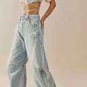 Allimy Womens Jeans High Waisted Rise Ripped Baggy Loose Fit Ankle Barrel Y2K Boyfriend Horseshoe Raw Hem Wide Leg Jeans for Woman Trendy 2026 Denim Capri Pants Light Blue Size 6