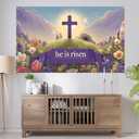 Happy Easter Bunny Rabbit Banner, Easter Eggs Flag Backdrop Spring Decorations Yard Sign for Party Supplies (he is risen, 118 x 35 inches)