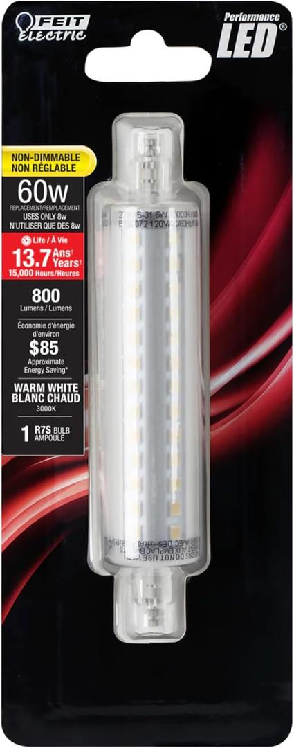 Feit Electric BPJ118/LED Feit 60W Equivalent R7S Warm White Non-Dimmable LED Light Bulb, Clear, J-Type