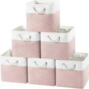 12x12 Storage Cube Bins, 6 Pack Reinforced Bottom Cardboard Foldable Box, Organizer for Closet Shelves, Heavy Home Storage Baskets (White Pink)