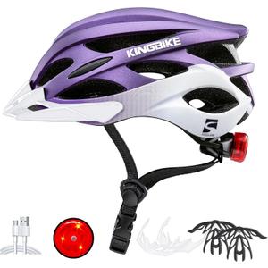 KINGBIKE Bike Helmet for Adult Men Women Youth Road Commute Mountain Cycling Helmets with USB Rechargeable Light Replaceable Padding and Visors Lightweight 20.4-23.6in (Medium, Purple White)
