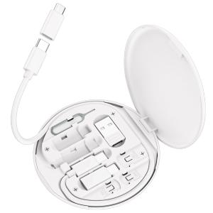 Multi USB Charging Adapter Cable Kit, C to iOS Device Cable Box, Conversion Set USB A & Type C to Male Micro/Type C/iOS Device, Data Transfer, Card Storage, Tray Eject Pin, Phone Holder (White)