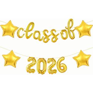 2 x Gold Class of 2026 Balloons 16 Inch Graduation Balloons Class of 2026 Balloon with Star Balloons for Graduation Decorations 2026