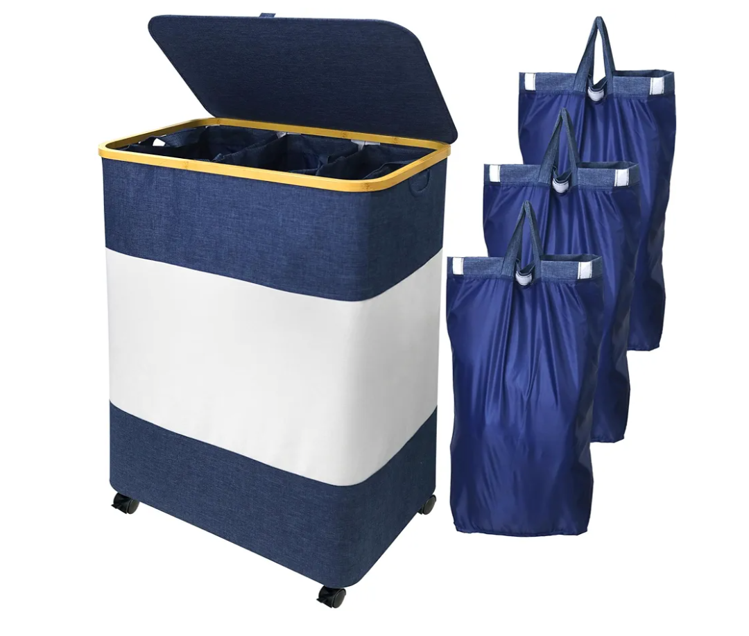 150L Laundry Hamper 3 Section, Large Divided Laundry Basket with Wheels and Lid, Tall Dirty Clothes Hamper with Bamboo Handles and 3 Removable Bag for Bedroom, College Dorm, Bathroom, Blue