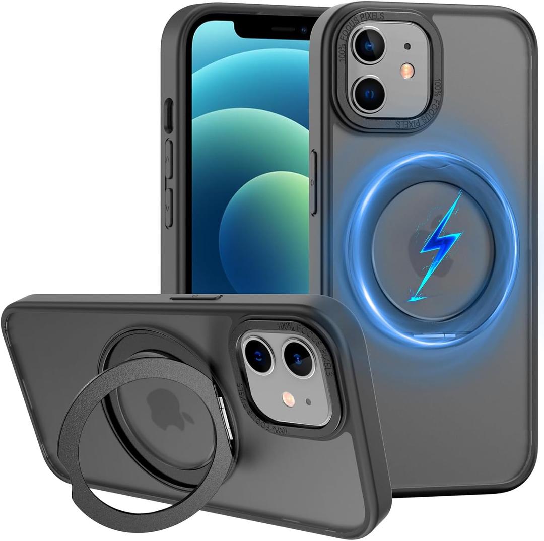 ZHK 360 Rotatable Ring for iPhone 12/12 Pro Case Magnetic, [Military Grade Drop Proof] [Translucent Frosted Back Panel] Slim Non-Slip Matte Phone Case for iPhone 12/12 Pro 6.1'', Space Black