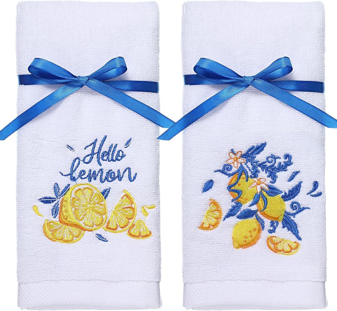 Set of 2 Lemon Hand Towels for Bathroom Kitchen Decor 100% Cotton Embroidered Blue Yellow Lemon Print Dish Bath Towels 14 x 30 in Summer Tea Fingertip Dishcloth for Gifts Party Favors Supplies