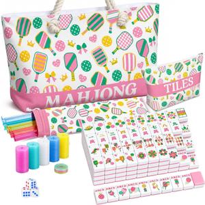 Ceenna American Mahjong Set Complete 160 Pcs Tile/Pushers/Carrying Bag/dice/Chips, 1.2 Inch Green Back Melamine Mahjong Tiles, Hand Carved Pattern for Adult Mah Jong, Beginners (Simple)