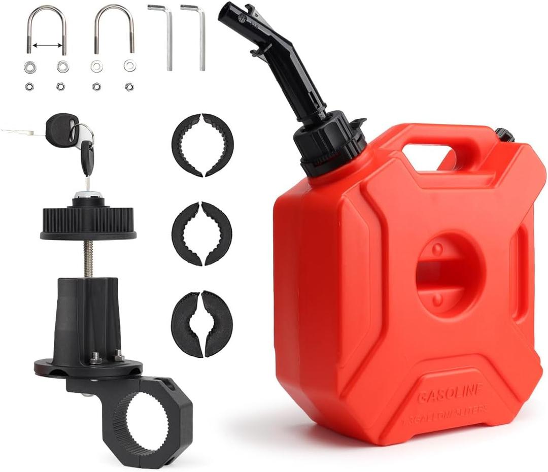 Portable Tank with Locking Mounting Upgraded Bracket Mounting 5L / 1.3 Gallon Fits for Car Motorcycle SUV ATV UTV U bolt for 1" Tube (Locking+Upgraded Bracket+Red)