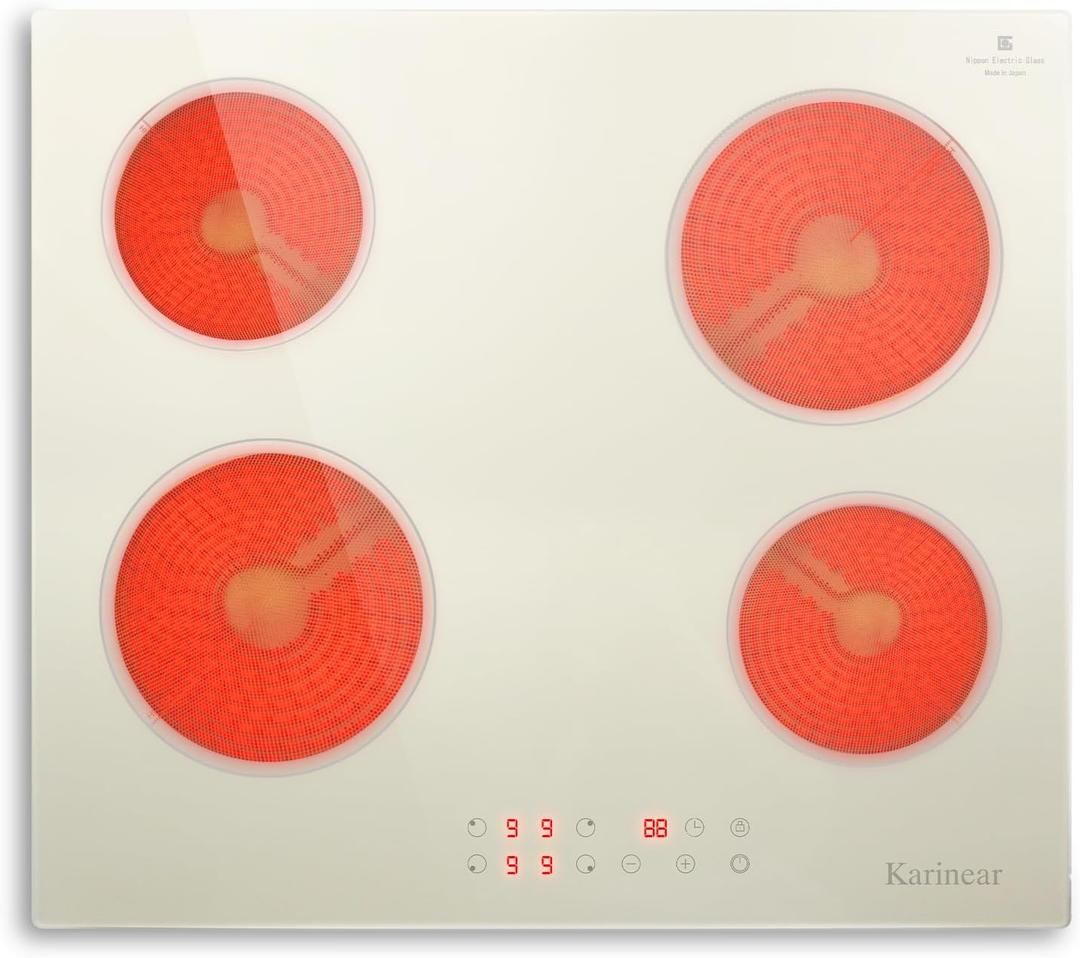 Karinear Electric Cooktop 24 Inch, Warm White Glass Electri Cermaic Stove, 4 Burners Electric Stove Top with Timer, Child Safety Lock, High Temperature Alert, 6000W, Drop-in 240V Hardwire(No plug)