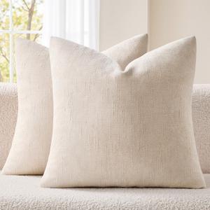 EMEMA Pack of 2 Decorative Chenille Throw Pillow Covers 24x24 Inch Soft Neutral Farmhouse Textured Cushion Cases with Zipper for Couch Sofa Bedroom Living Room Home Decor, Beige